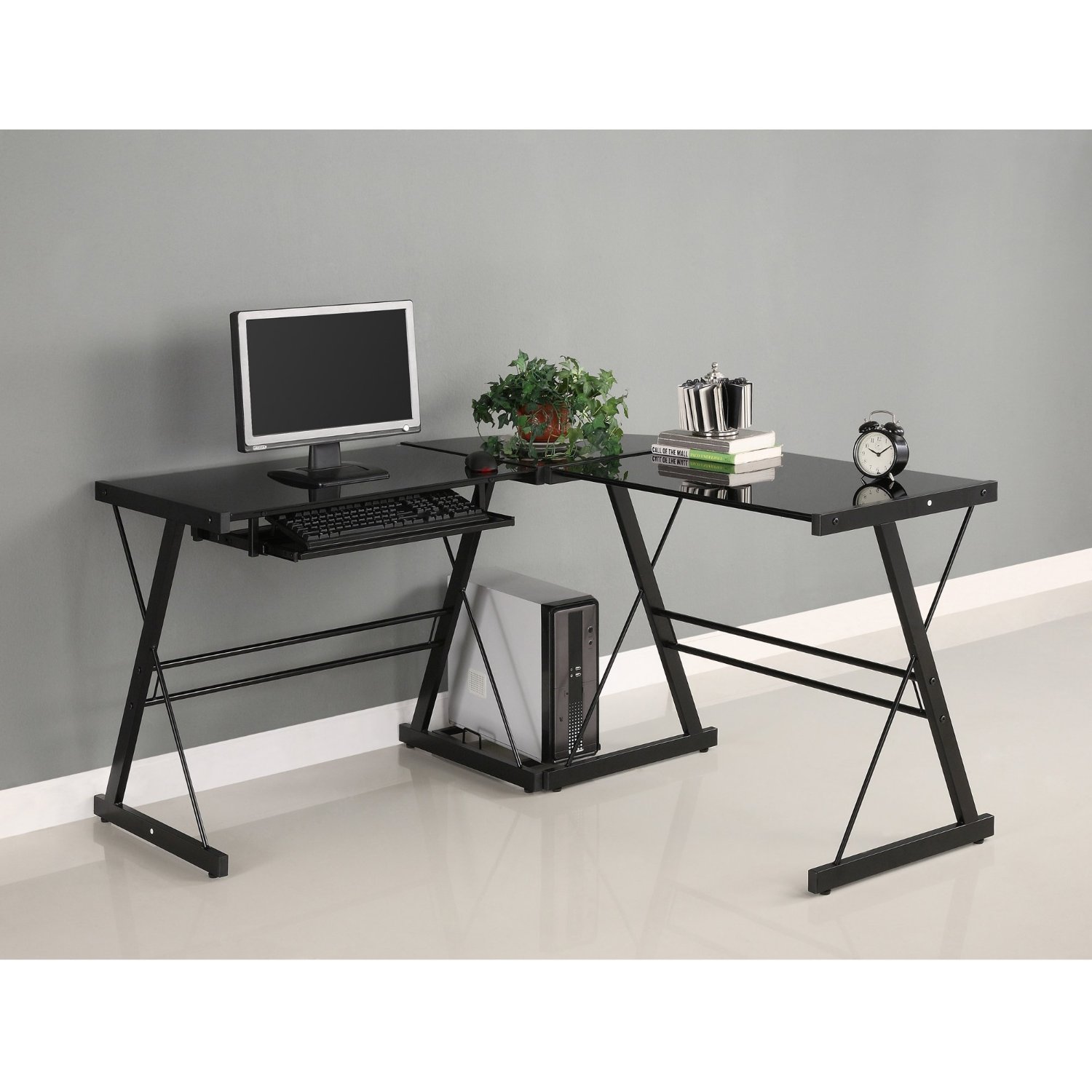 Walker Edison Soreno 3-Piece Corner Desk, Black with Black Glass