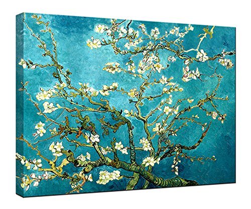 Wieco Art - Almond Blossom Modern Framed Floral Giclee Canvas Prints By Van Gogh Famous Oil Paintings Reproduction Flowers Pictures on Canvas Wall Art Ready to Hang for Bedroom Home Decorations