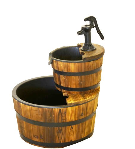 Wood Barrel with Pump Outdoor Water Fountain - Medium Size Garden Water Fountain Product SKU: PL50066