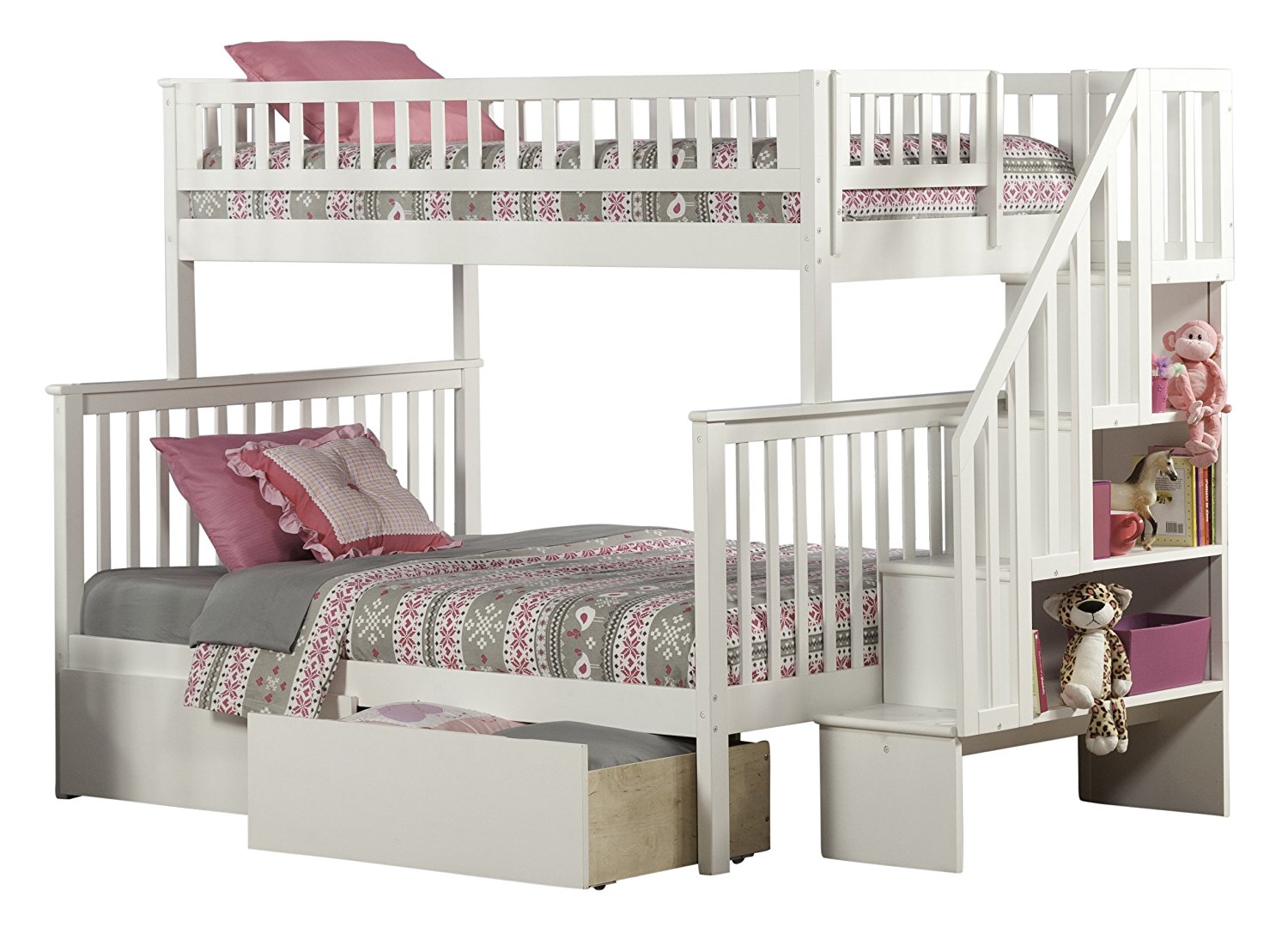 Woodland Staircase Bunk Bed with Urban Bed Drawers, White, Twin Over Full