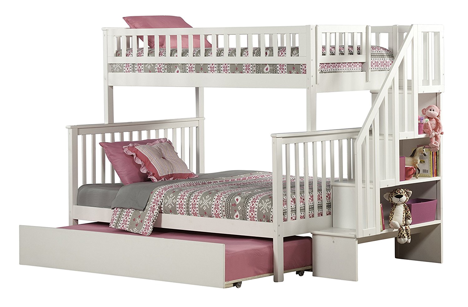 Woodland Staircase Bunk Bed with Urban Trundle, White, Twin Over Full