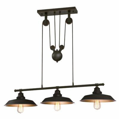 Westinghouse 6332500 Iron Hill Three-Light Indoor Island Pulley Pendant, Oil Rubbed Finish with Highlights and Metallic Bronze Interior