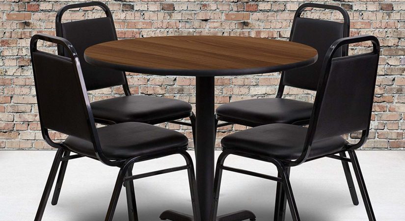 Flash Furniture 36 inch' Round Walnut Laminate Table Set with 4 Black Trapezoidal Back Banquet Chairs