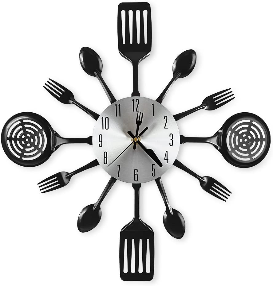 CIGERA Spoons and Forks Large Kitchen Wall Clocks (16 Inch, Black)