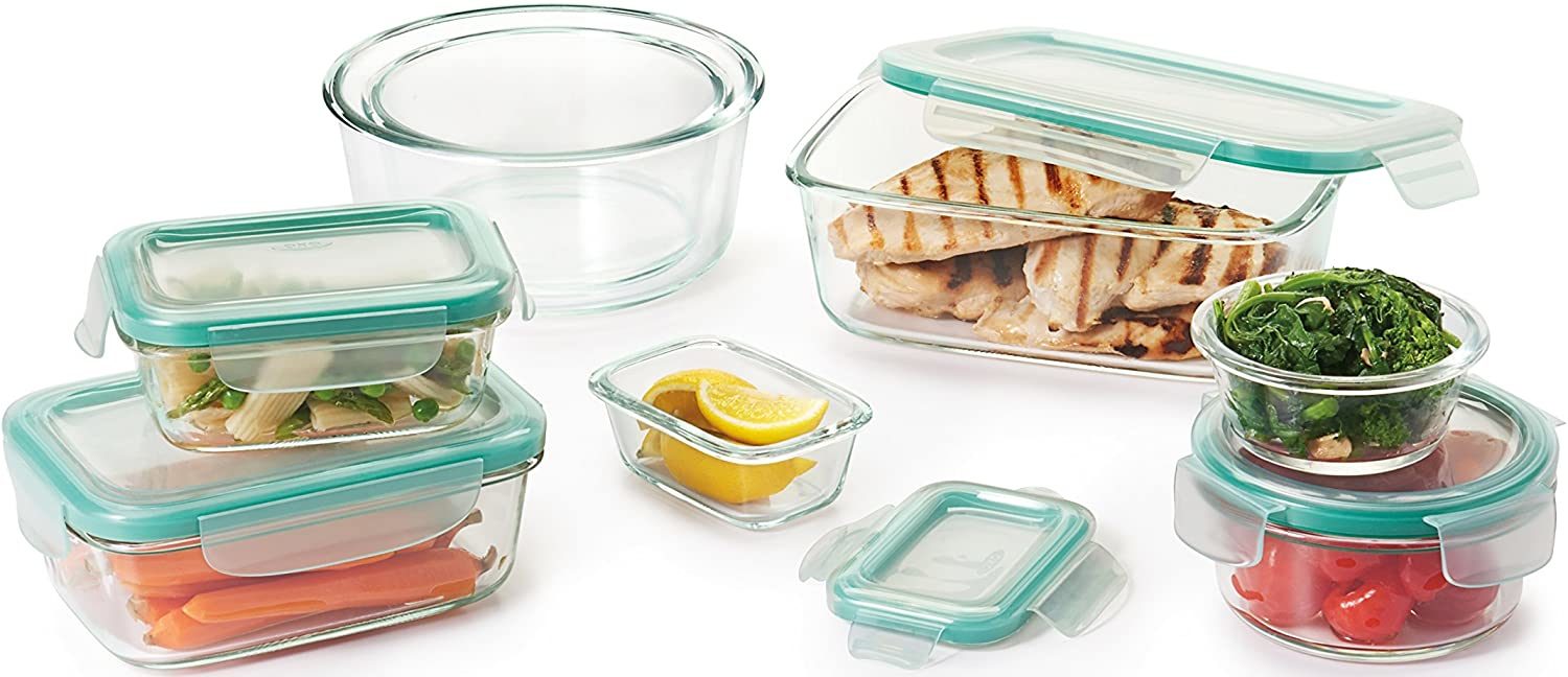 OXO Good Grips - 16 Piece Smart Seal Leakproof Glass Food Storage Container Set (Clear, Blue)