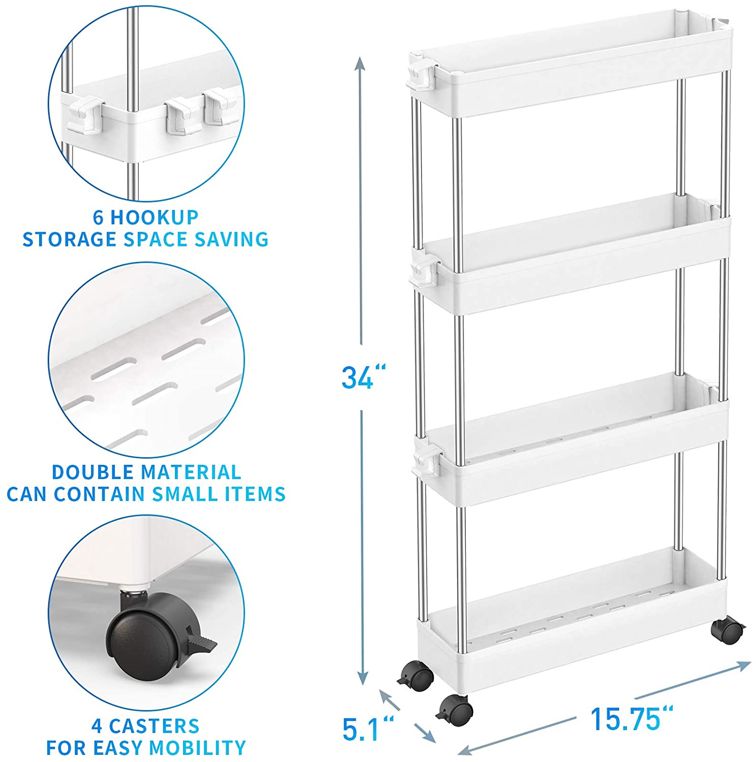 SPACEKEEPER 4 Tier White Slim Storage Cart Mobile Shelving Unit Organizer