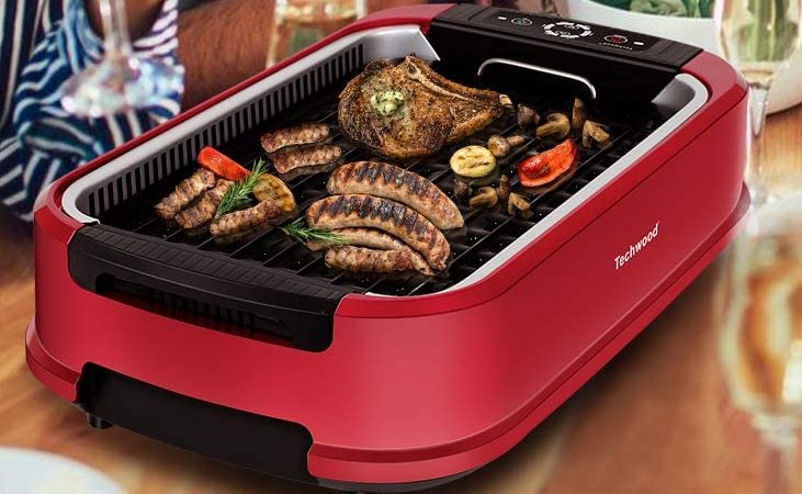 Techwood 1500W Indoor Smokeless Grill with Tempered Glass Lid (Red)